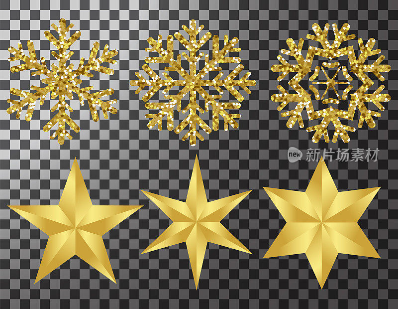 Golden snowflake and multi-pointed star illustrations, used as props for celebrations.